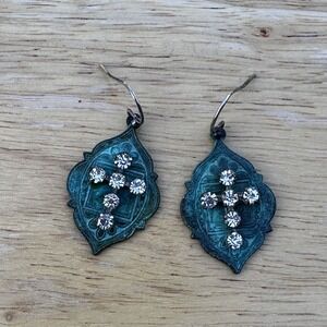 Hook Dangle Earrings 1.5 Inch Green Patina Rhinestones Cross 925 Sterling Bronze